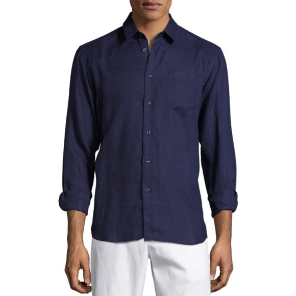 New! Vilebrequin Long Sleeve Button Down Linen Shirt Navy Blue XL